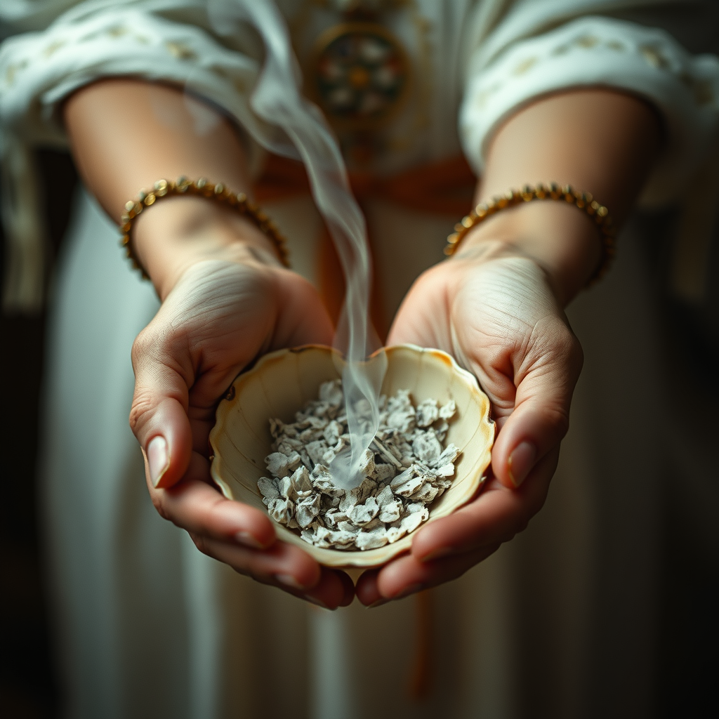 arms and hands of a woman using ceremonial sage smoke in a shell or bowl, offering it to the viewer